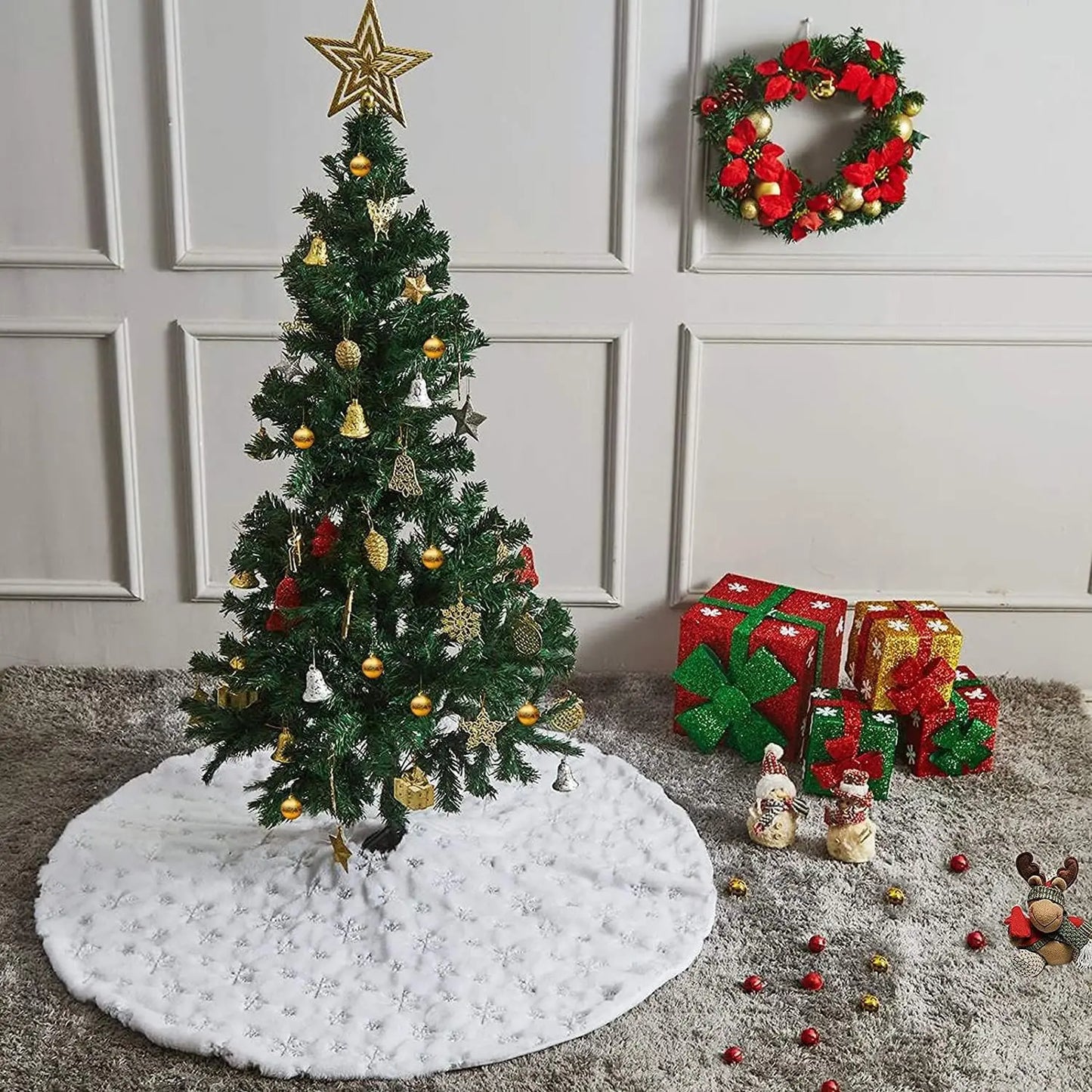 Christmas Tree Skirt White Faux Fur Sequin