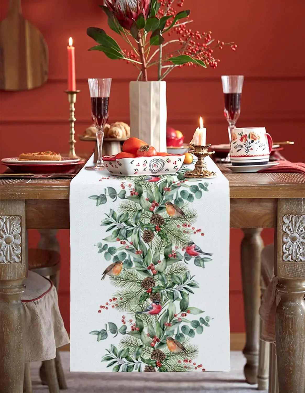 Christmas Cardinal Berry Green Plant Pine Linen Table Runner
