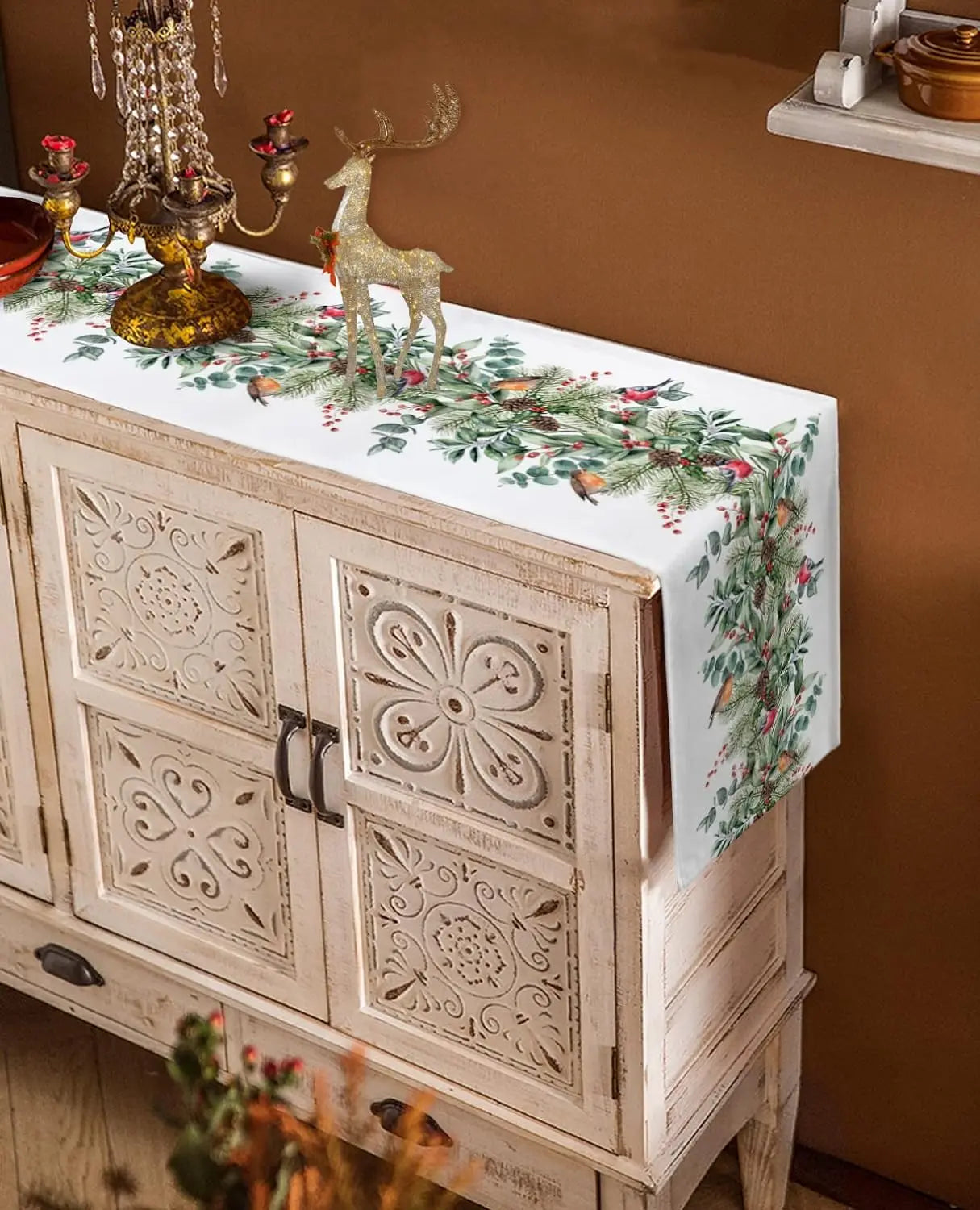 Christmas Cardinal Berry Green Plant Pine Linen Table Runner