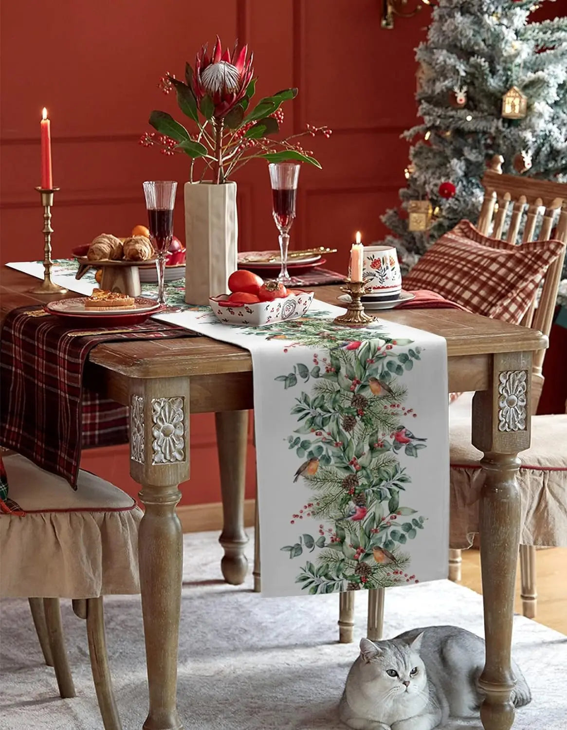 Christmas Cardinal Berry Green Plant Pine Linen Table Runner