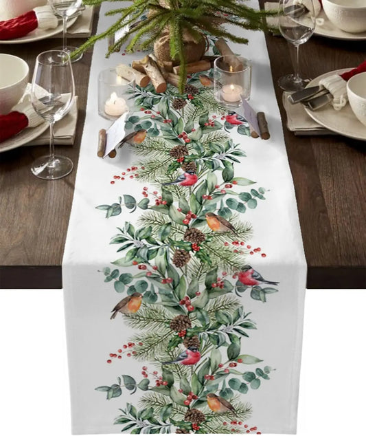 Christmas Cardinal Berry Green Plant Pine Linen Table Runner