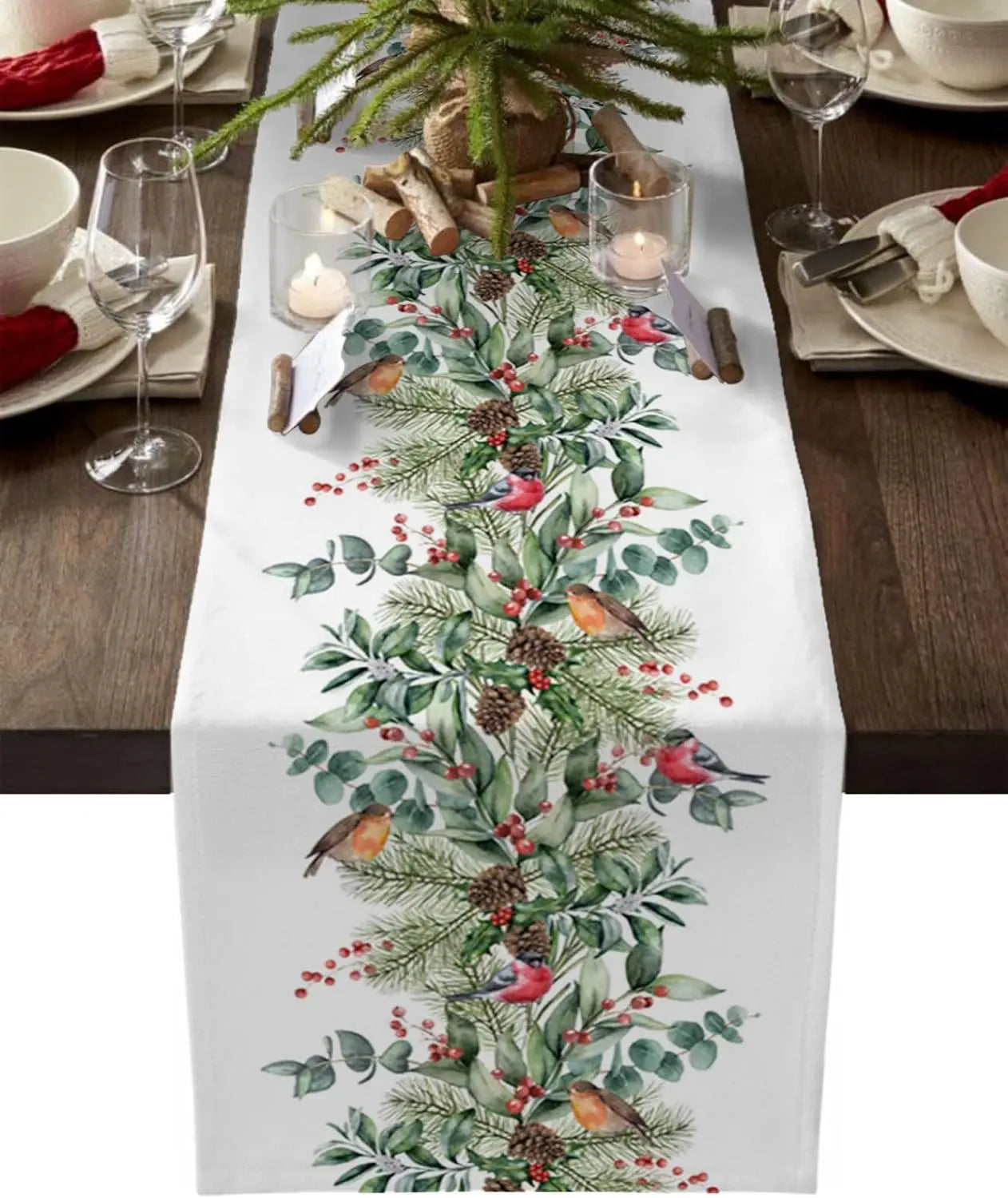 Christmas Cardinal Berry Green Plant Pine Linen Table Runner