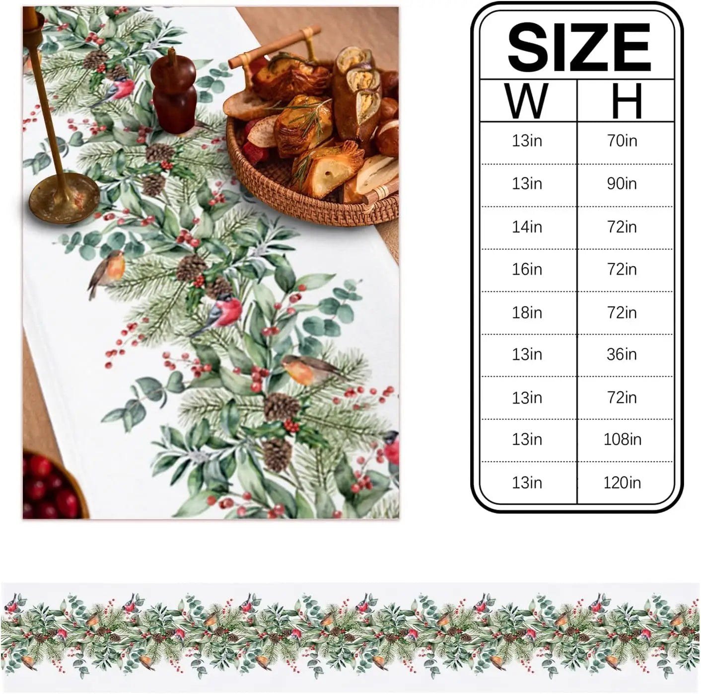 Christmas Cardinal Berry Green Plant Pine Linen Table Runner